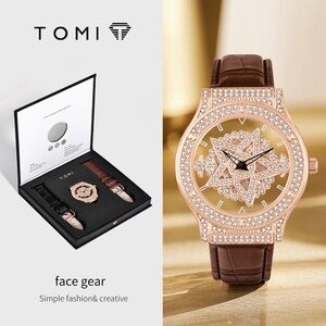 TOMI Rose Gold Crystal Star Dial Watch with Brown Leather Strap